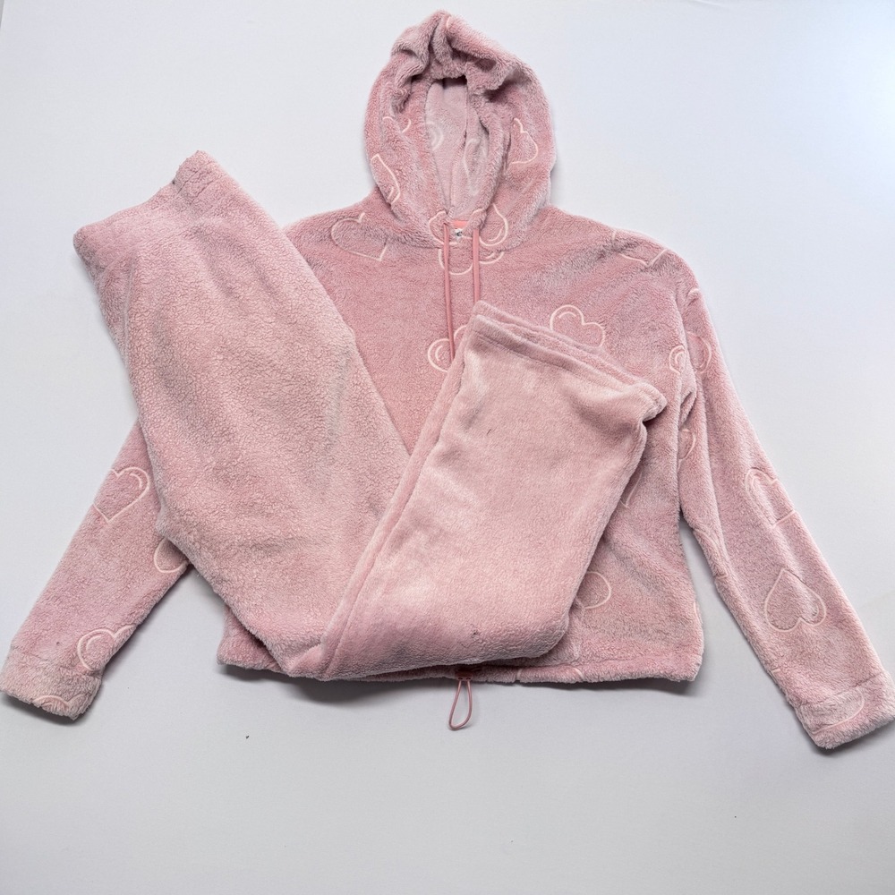 No Boundaries Pink Heart Embossed Faux Shearling Hoodie and Pants Lounge Set L